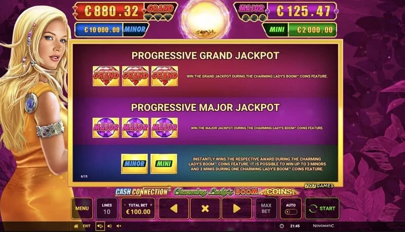 Cash Connection - Charming Lady's Boom Coins – Jackpot-Tabelle für Mini, Minor, Major und Grand